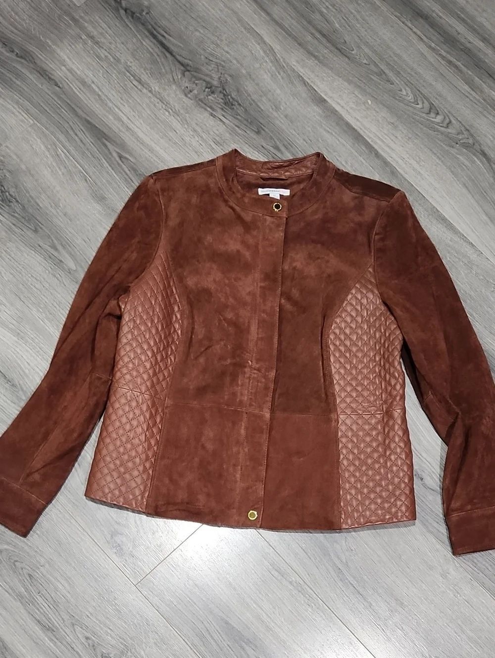 Isaac Mizarahi Live Brown Suede & Lamb Quilted Panel Jacket